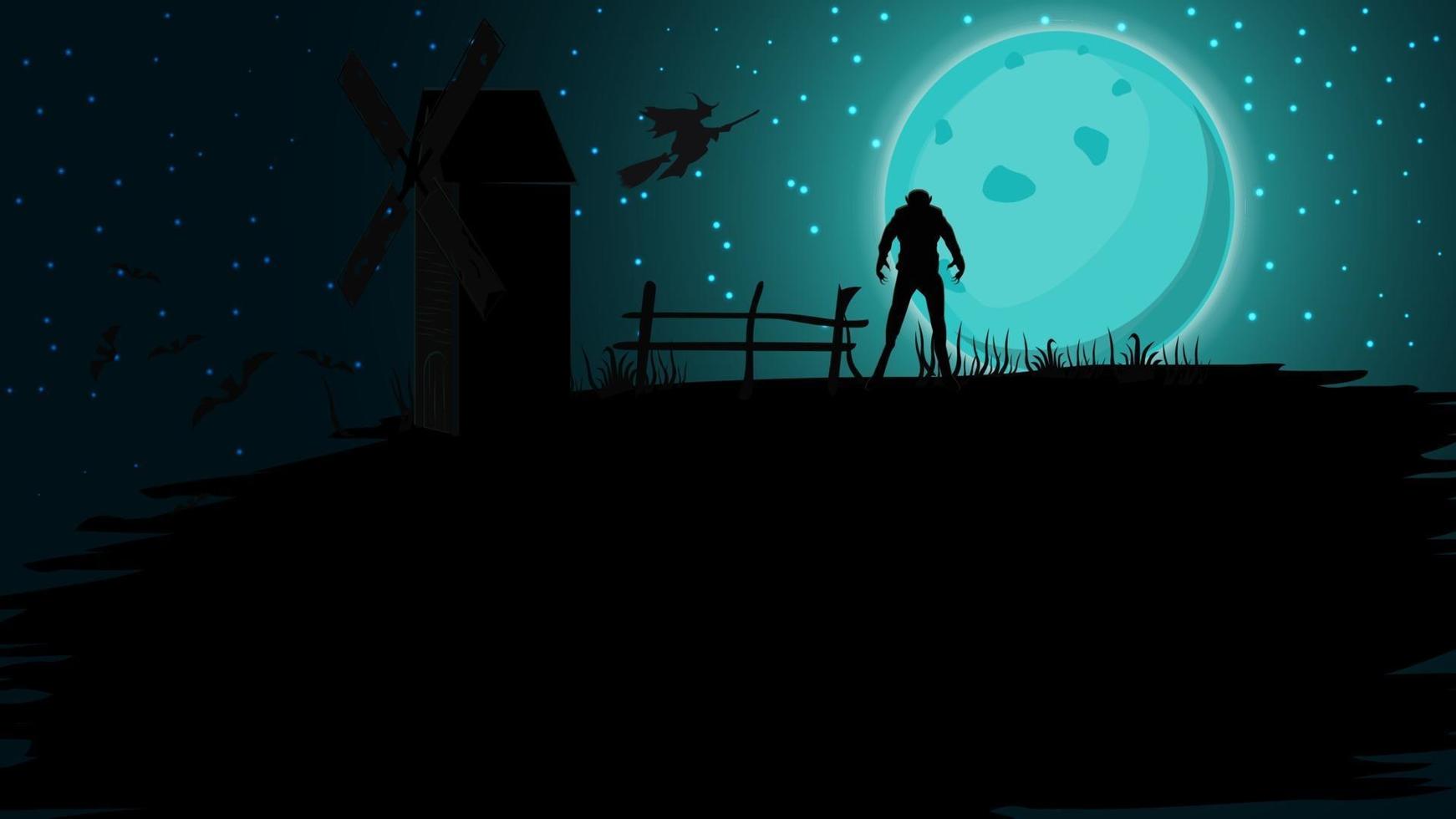 fundo de halloween, lua azul cheia, céu estrelado, moinho antigo, morcegos e lobisomem. fundo de halloween para suas artes vetor