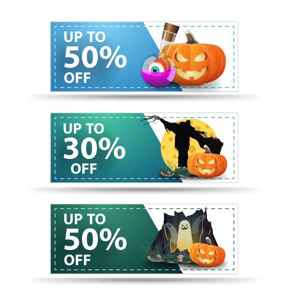 definir banner de halloween de desconto com ícones bonitos e descontos de até 50 e 30 vetor