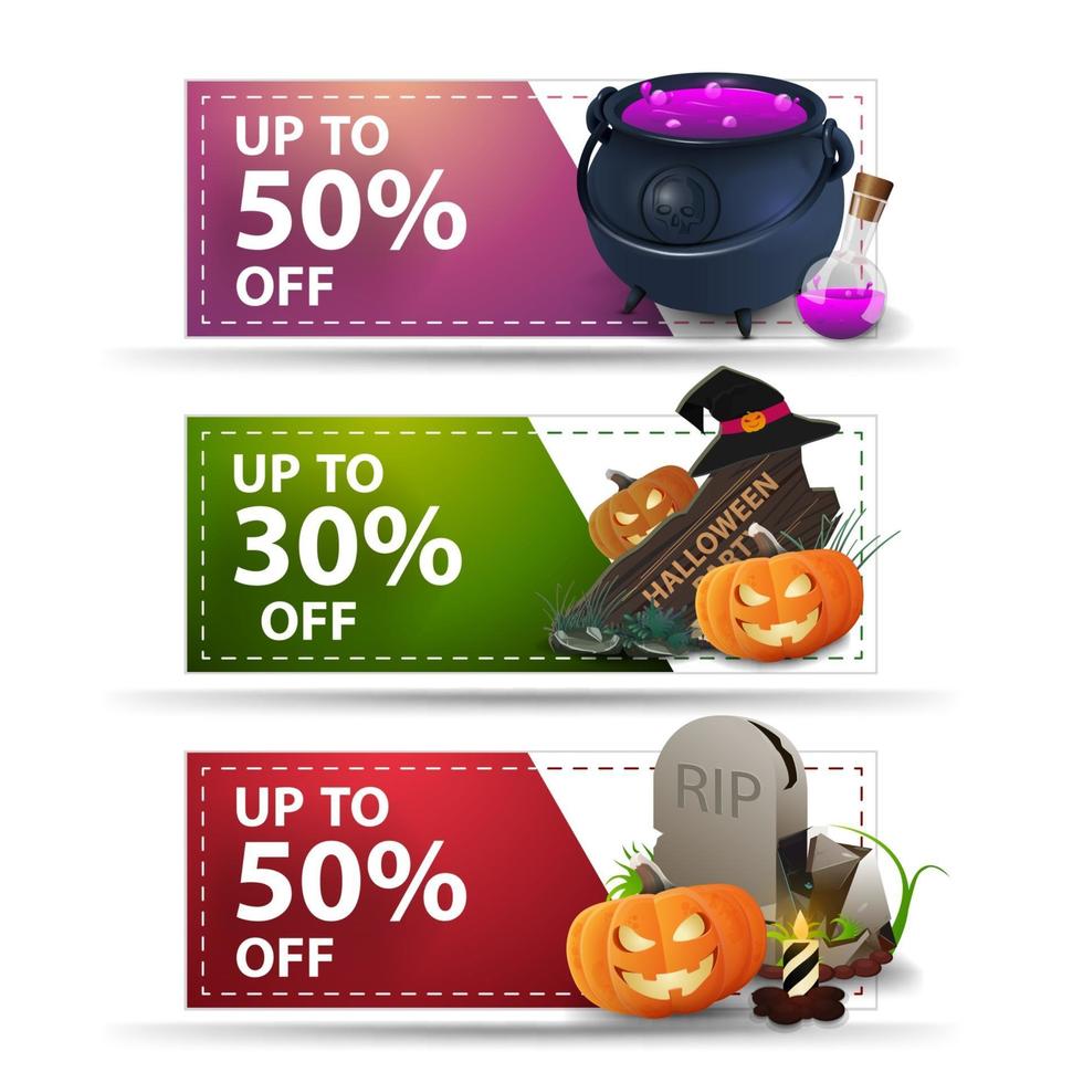 três banners de halloween com desconto com até 50 e 30 de desconto vetor