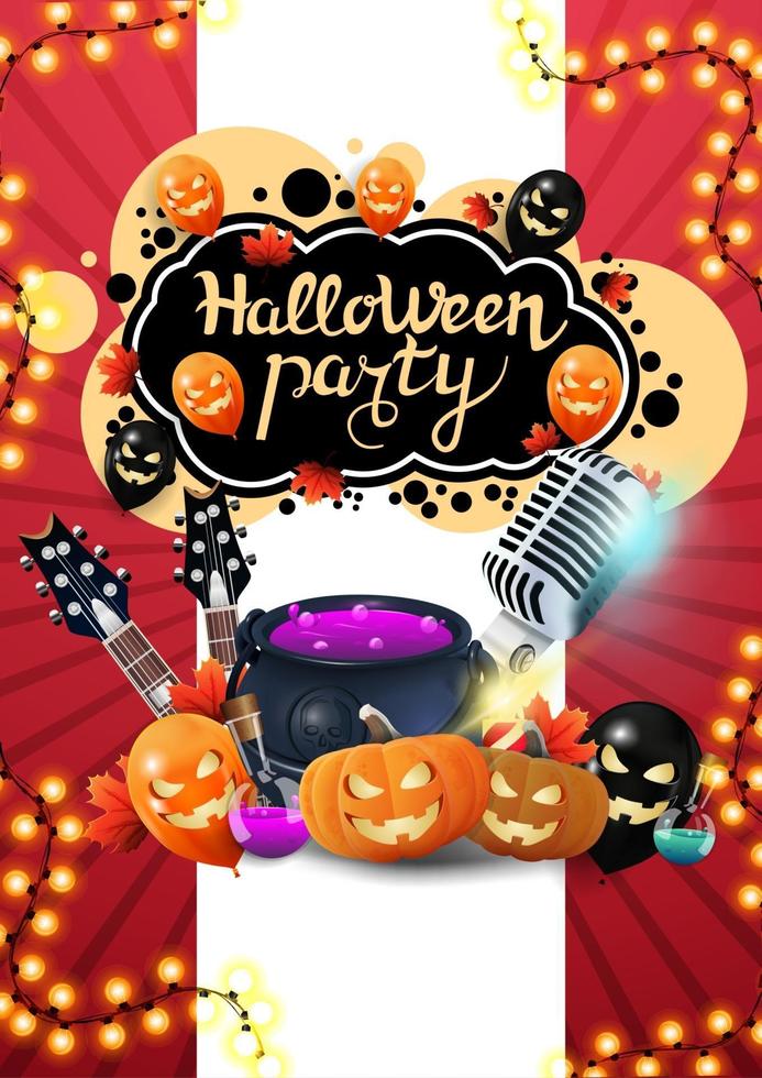 festa de halloween, pôster de convite vermelho com guitarras, microfone, caldeirão de bruxa, abóboras e balões de halloween vetor