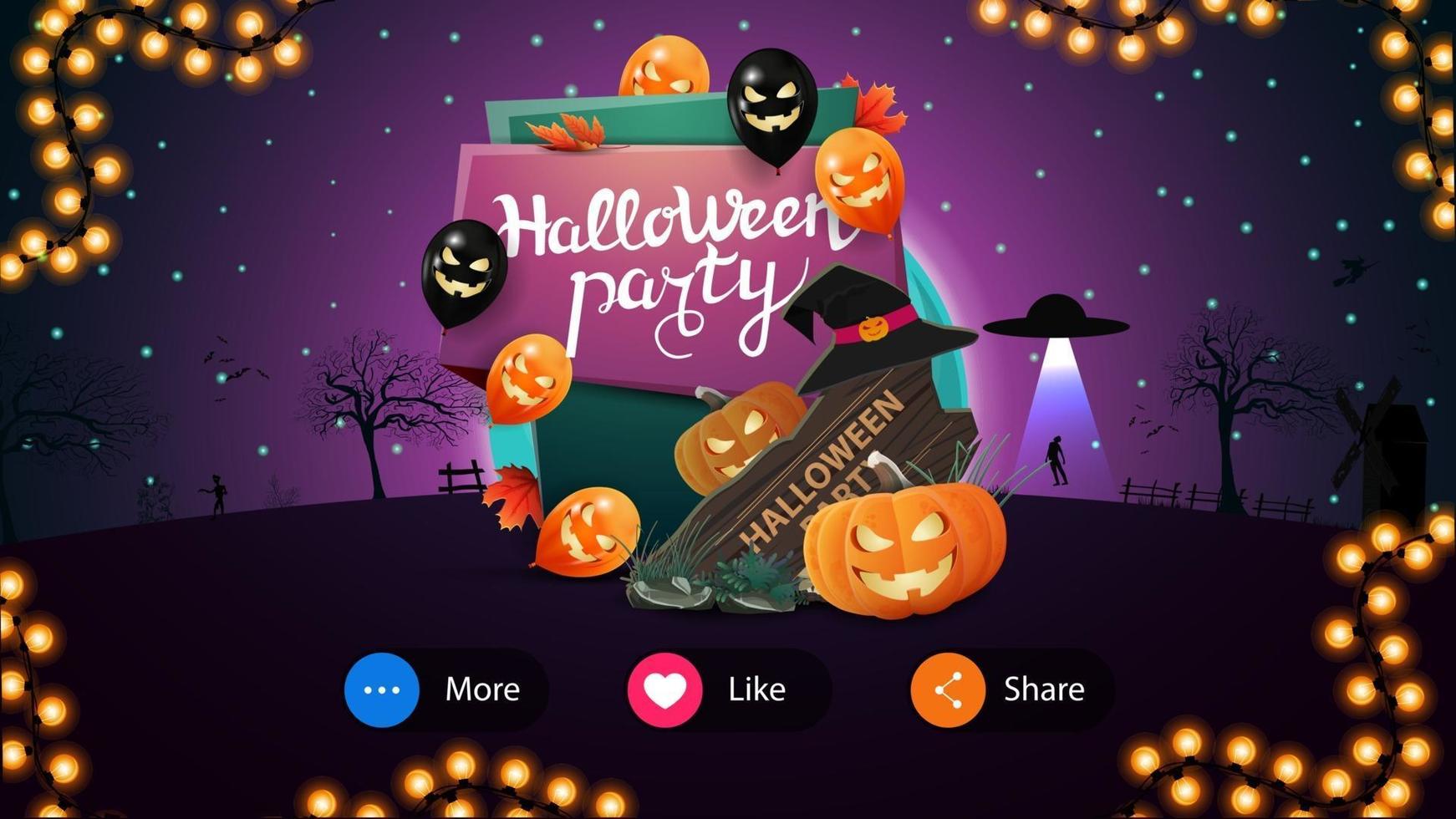 festa de halloween, cartão com linda paisagem noturna no fundo e placa de convite com balões de halloween, placa de madeira, chapéu de bruxa e jack de abóbora vetor