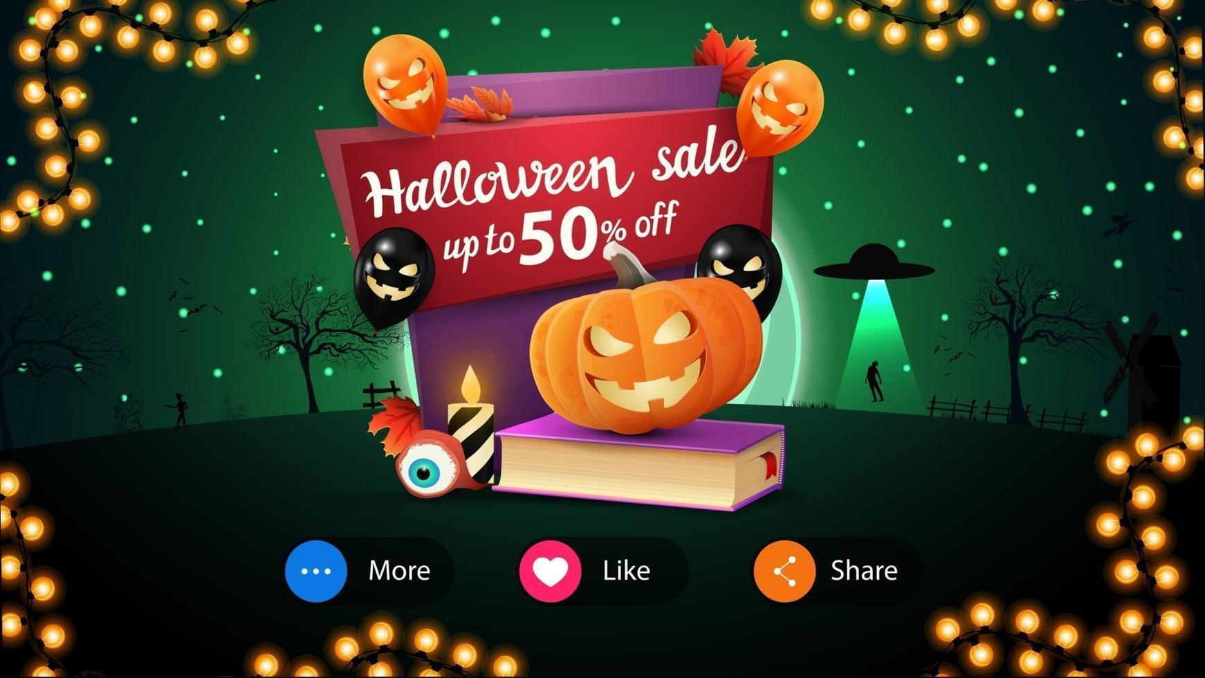 venda de Halloween, banner de desconto com bela paisagem noturna no fundo e prato com balões de halloween, livro de feitiços e jack de abóbora vetor