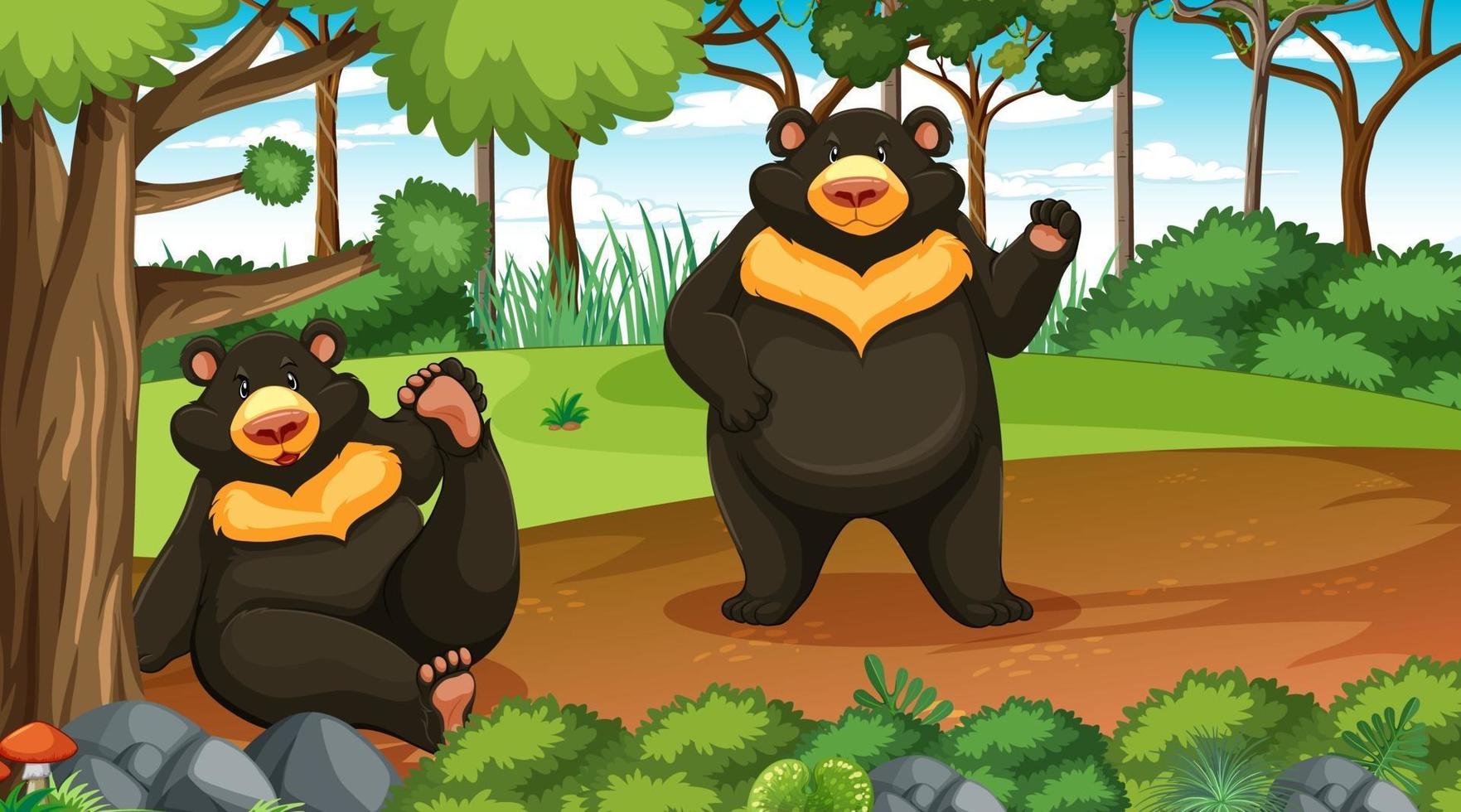 urso-negro asiático ou urso-lua em cena de floresta ou floresta tropical com muitas árvores vetor