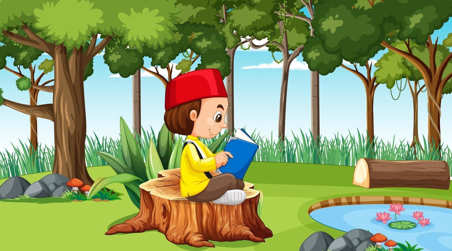 menino muçulmano usa roupas tradicionais e lê um livro na floresta vetor