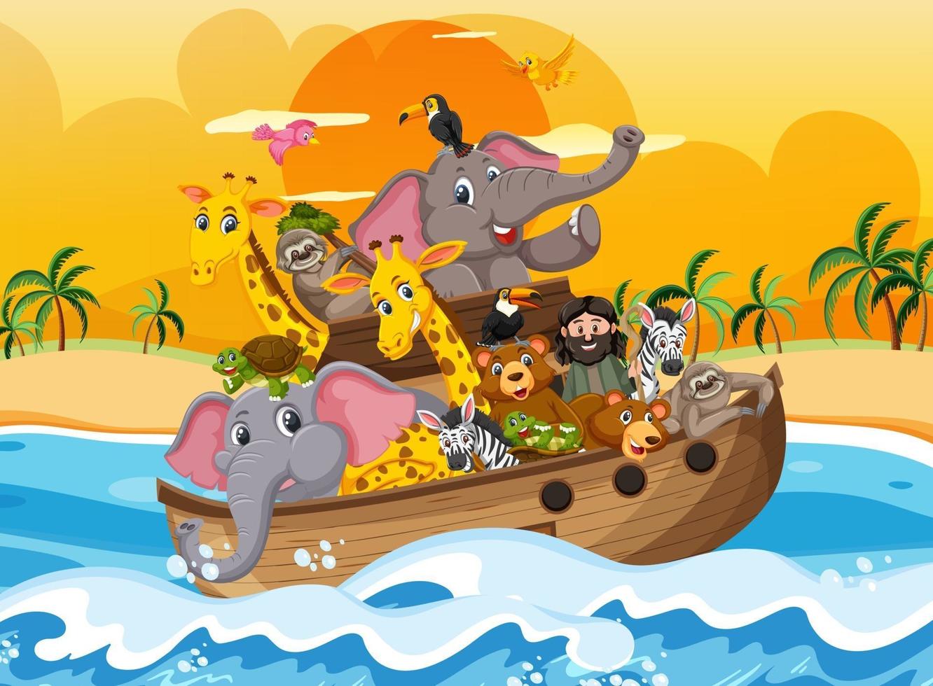 animais na arca de noé flutuando na cena do oceano vetor