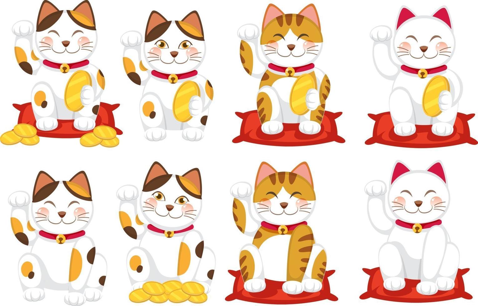 conjunto de diferentes gatos japoneses da sorte maneki neko vetor