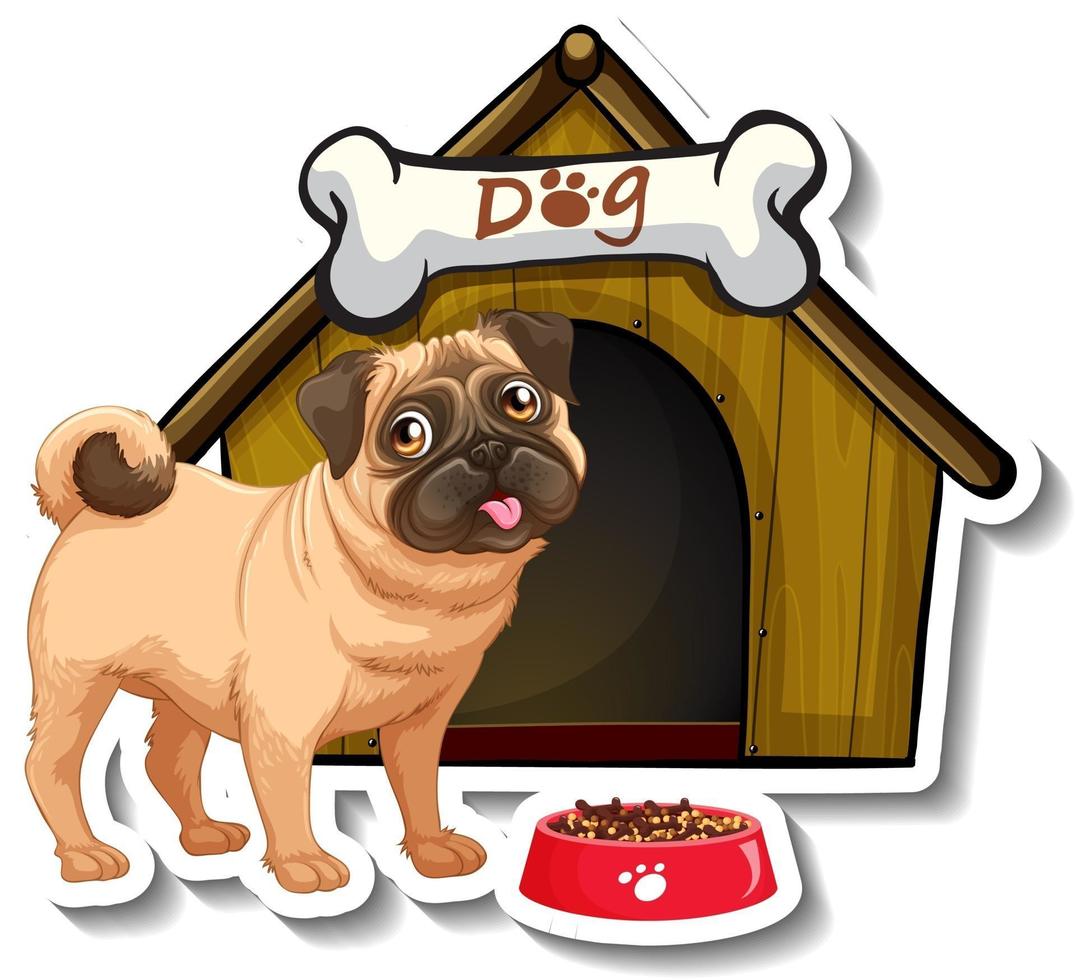 desenho de adesivo com pug em frente à casinha de cachorro vetor