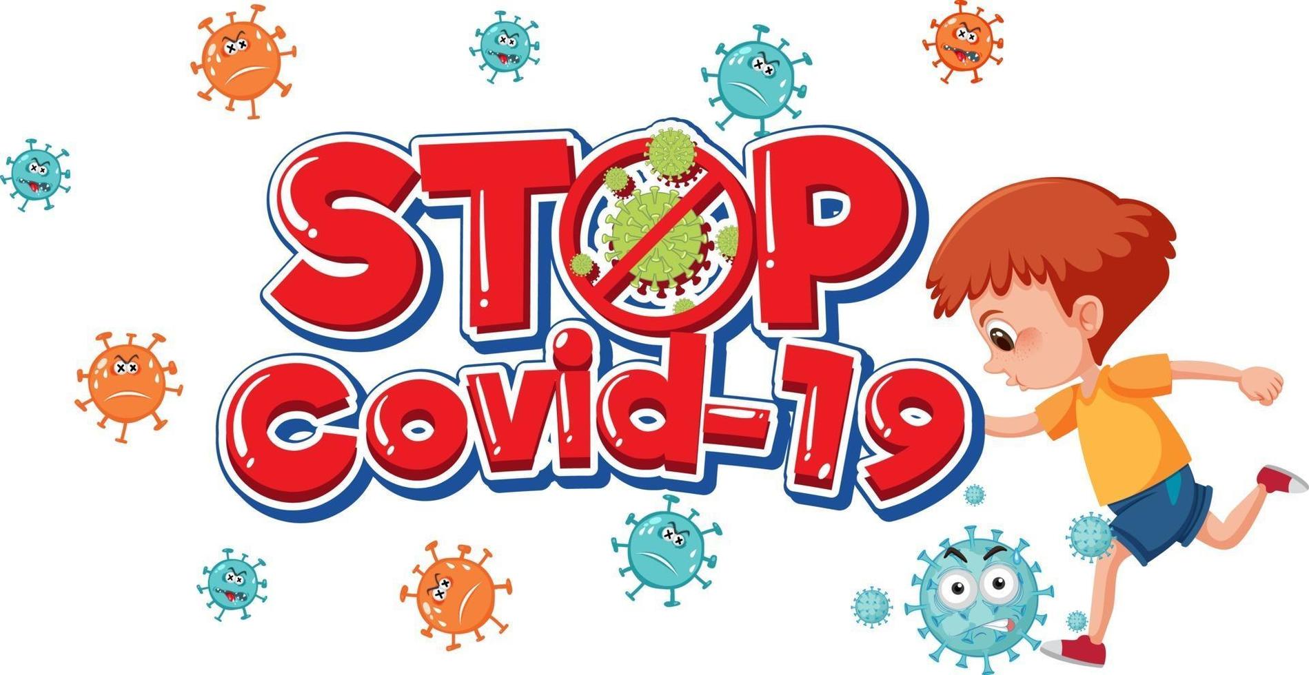 stop logotipo covid-19 ou banner com personagem de desenho animado infantil vetor