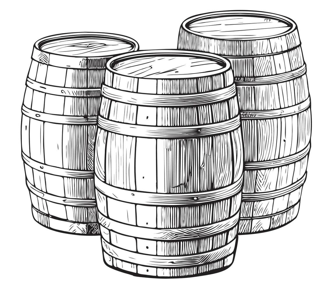 Cerveja de madeira barris mão desenhado esboço Cerveja fermentação vetor ilustração