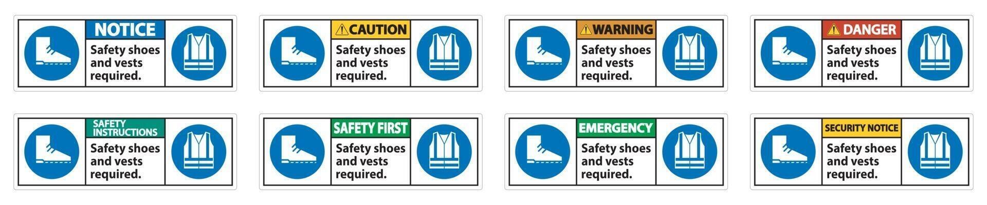 sapatos de segurança e colete necessários com símbolos ppe em fundo branco, ilustração vetorial vetor