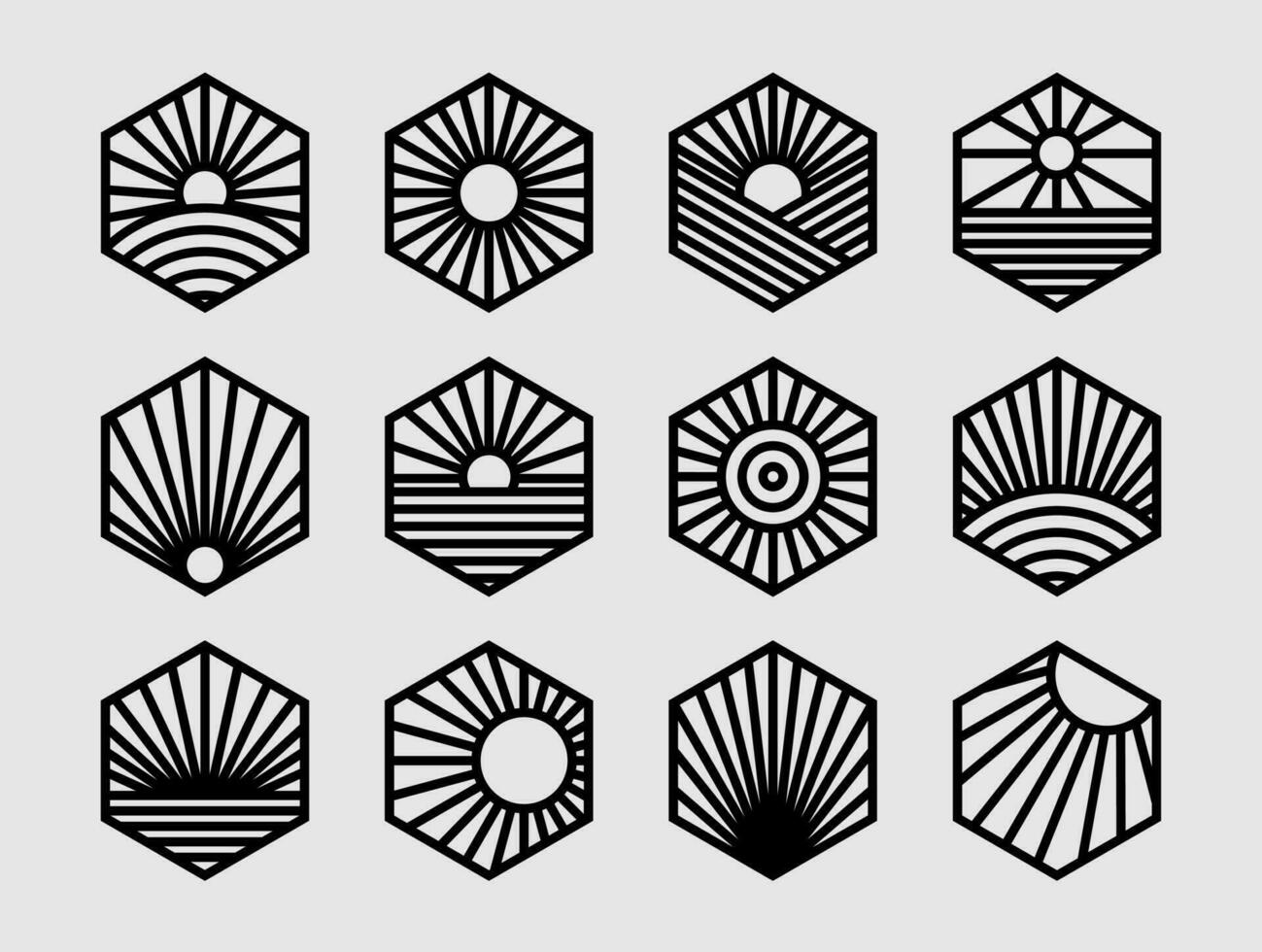 Sol linha abstrato hexágono logotipo Projeto pacote. moderno nascer do sol linha hexagonal logotipo. vetor