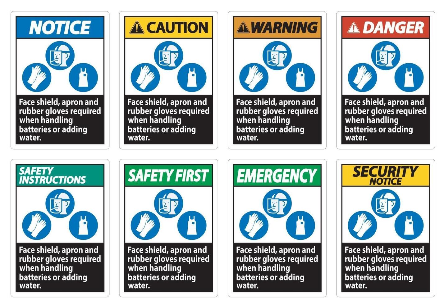 protetor facial, avental e luvas de borracha necessários ao manusear baterias ou adicionar água com símbolos de ppe vetor