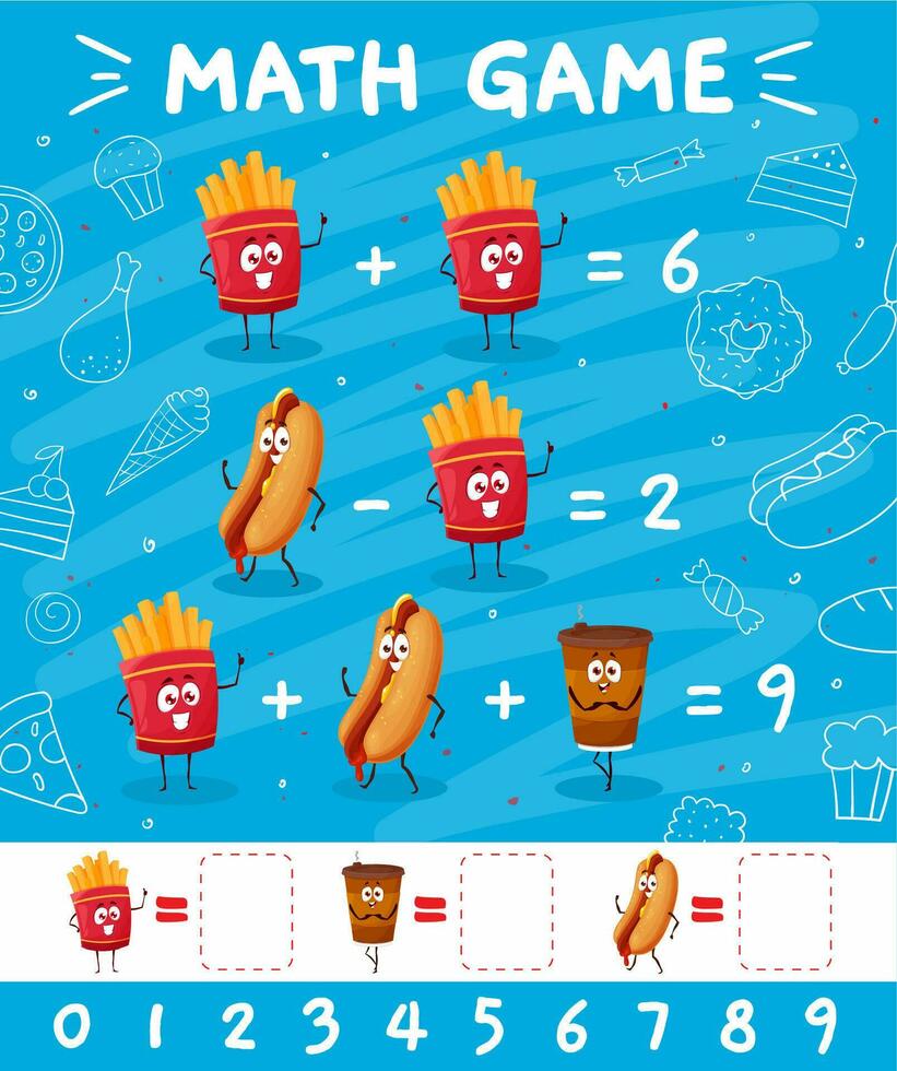 francês fritas, cachorro-quente, café, matemática jogos planilha vetor