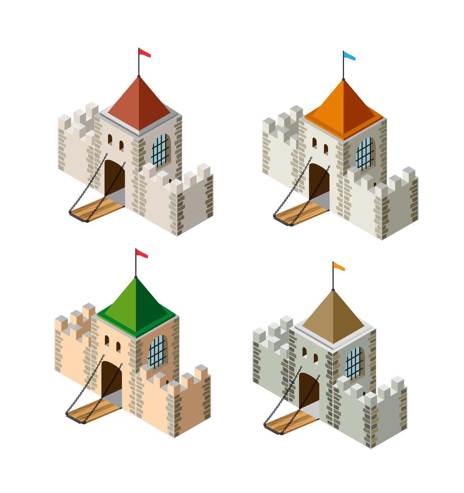 uma vista em perspectiva isométrica de uma fortaleza medieval em um fundo branco vetor