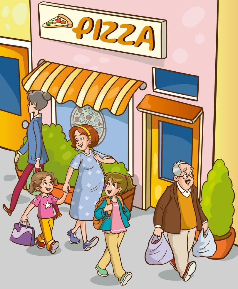 vetor ilustração do feliz fofa família indo Fora para comer pizza