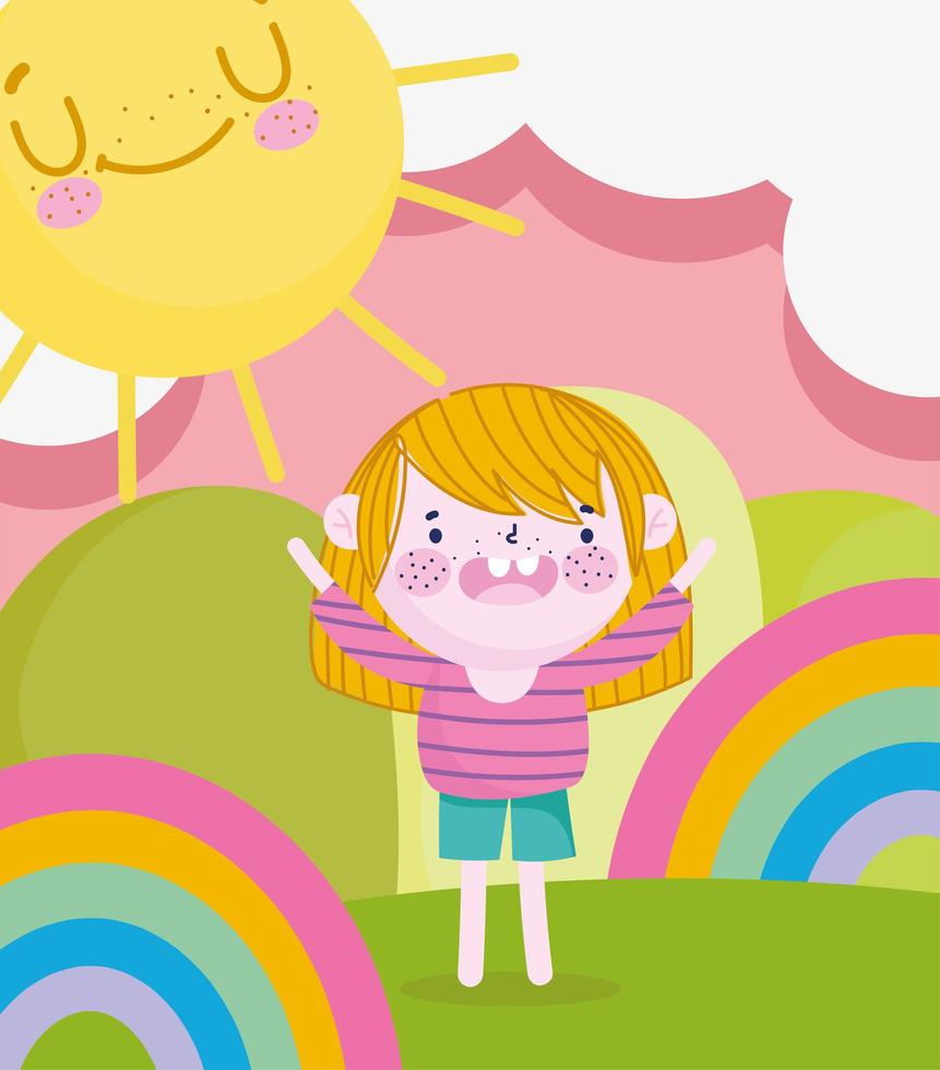 dia das crianças, desenho animado na cena mágica com arco-íris e sol vetor