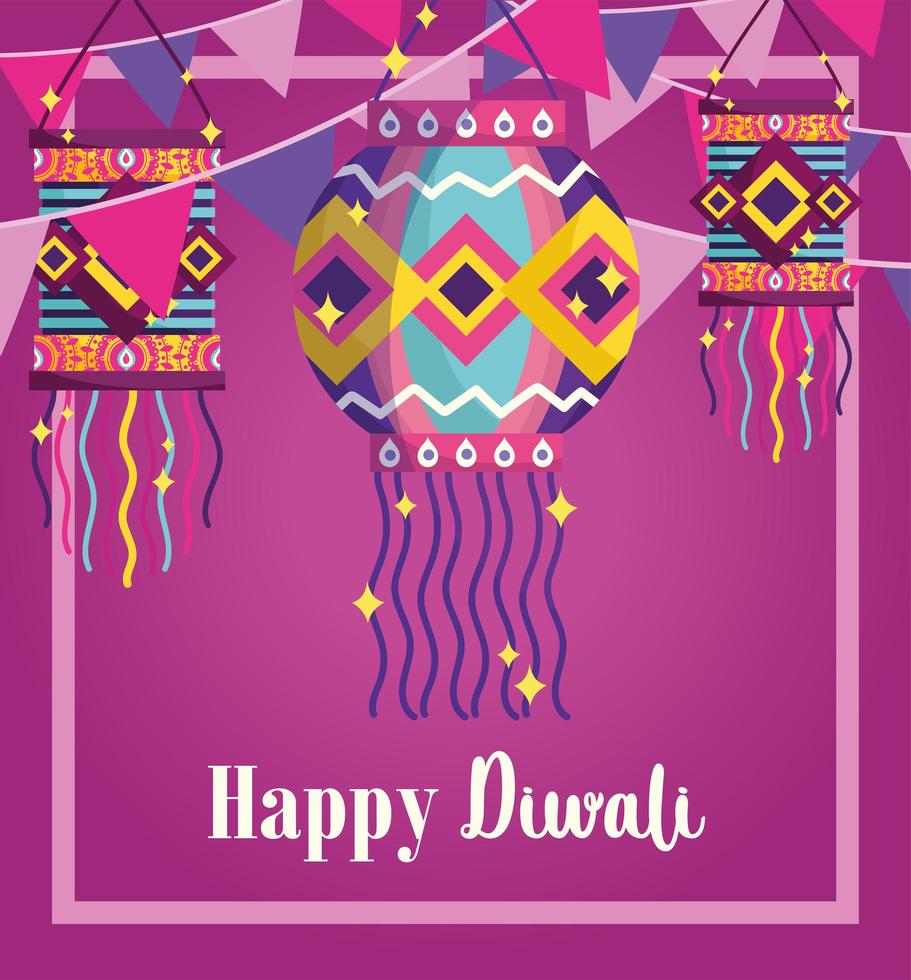 feliz festival de diwali, cartão de comemoração de bandeirolas de lanternas de fundo detalhado vetor