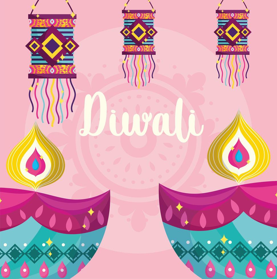 feliz festival de diwali, decoração de lâmpadas diya e lanternas penduradas detalhadas vetor