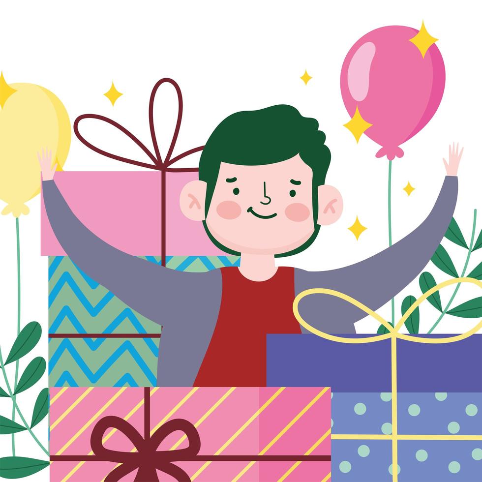 menino feliz, caixas de presente, balões, festa comemorando desenho animado vetor