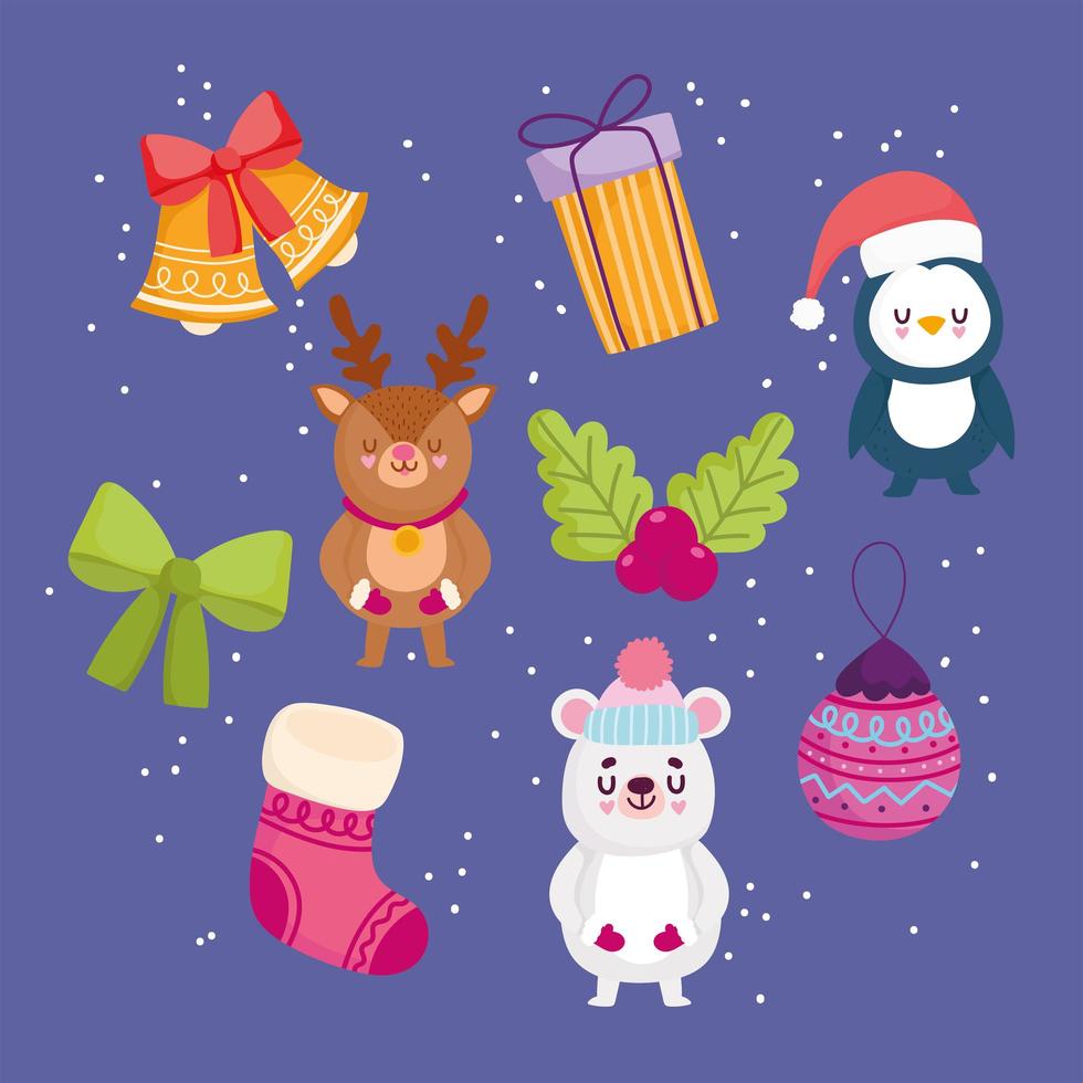 Feliz Natal, decoração de fundo com um presente de bola de meia de pinguim urso e sinos vetor