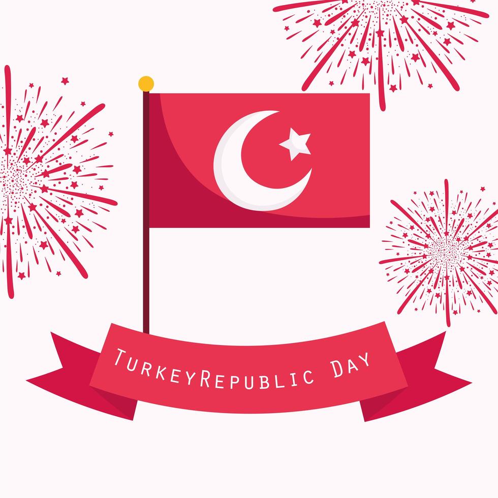 dia da república da Turquia, bandeira no pólo, cartão de fita de fogos de artifício vetor