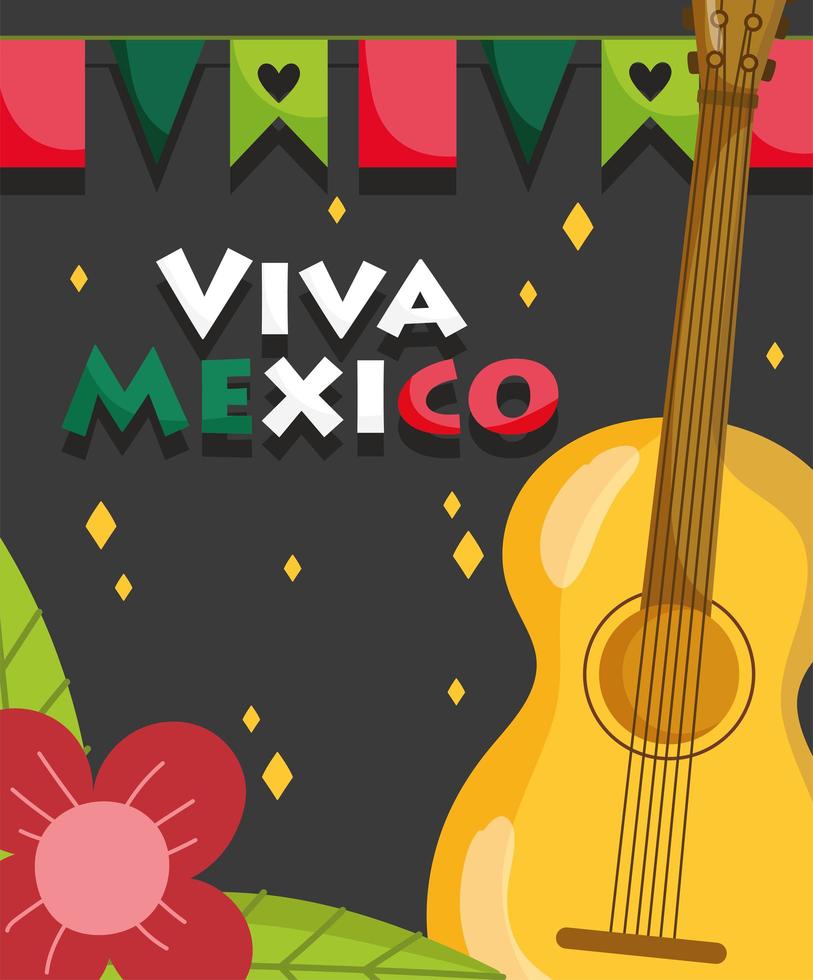 dia da independência mexicana, decoração com flores e flâmulas para violão, viva mexico é comemorado em setembro vetor