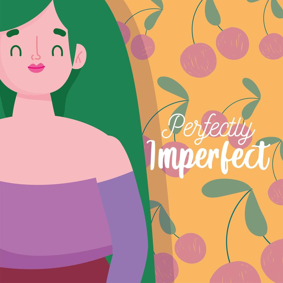 perfeitamente imperfeito, personagem de desenho animado plus size, cartão de fundo de frutas vetor