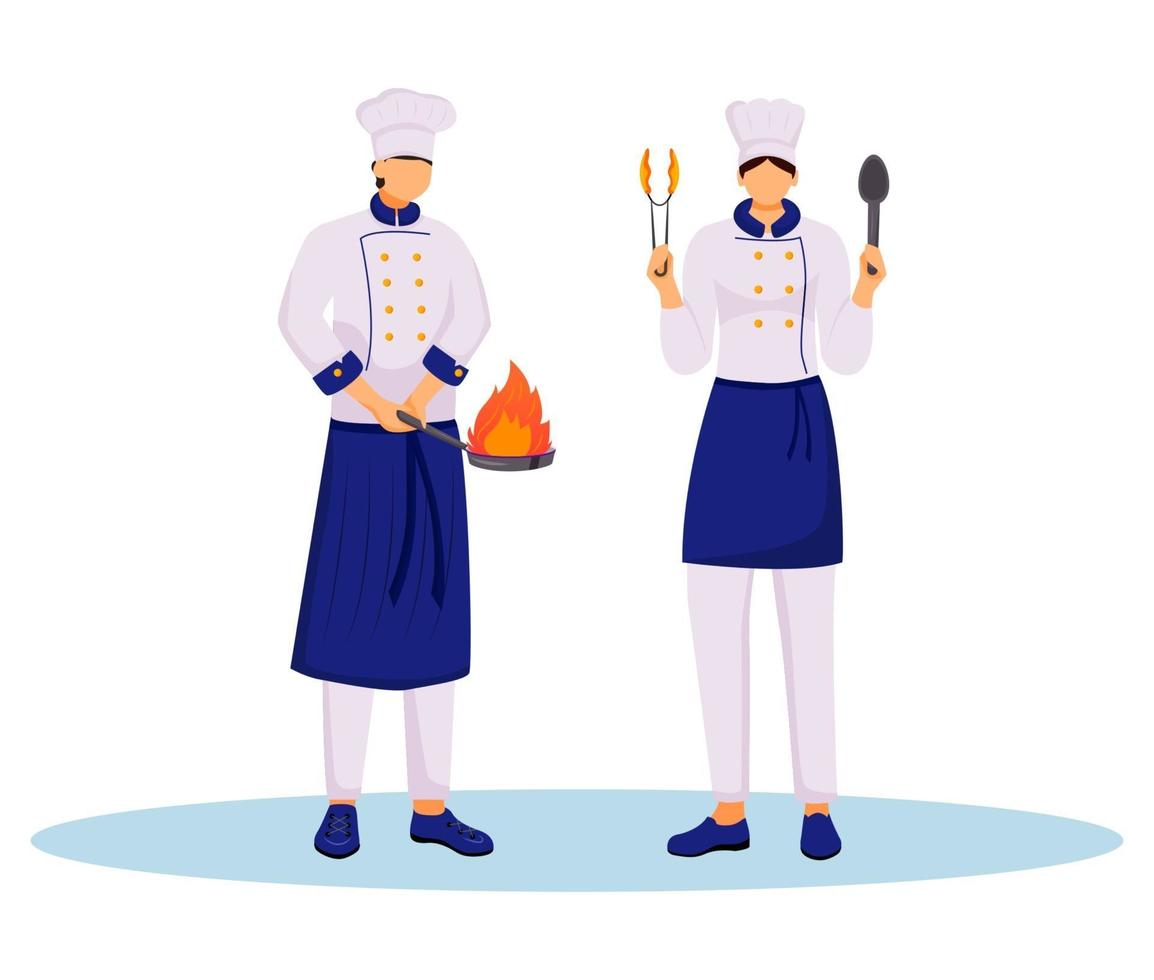 cozinheiros com ilustração em vetor cor plana de utensílios de cozinha. dois cozinheiros de uniforme segurando uma frigideira e uma colher. pessoal da cozinha. trabalhadores do serviço de alimentação isolaram personagens de desenhos animados em fundo branco