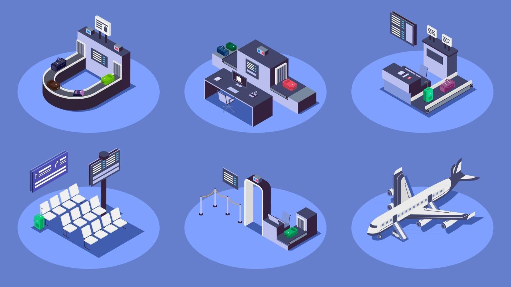 conjunto de ilustrações vetoriais de cor isométrica do aeroporto. conceito 3d moderno de serviços de companhia aérea isolado sobre fundo azul. balcão de check-in, scanner de bagagem, avião comercial e posto de controle de segurança vetor