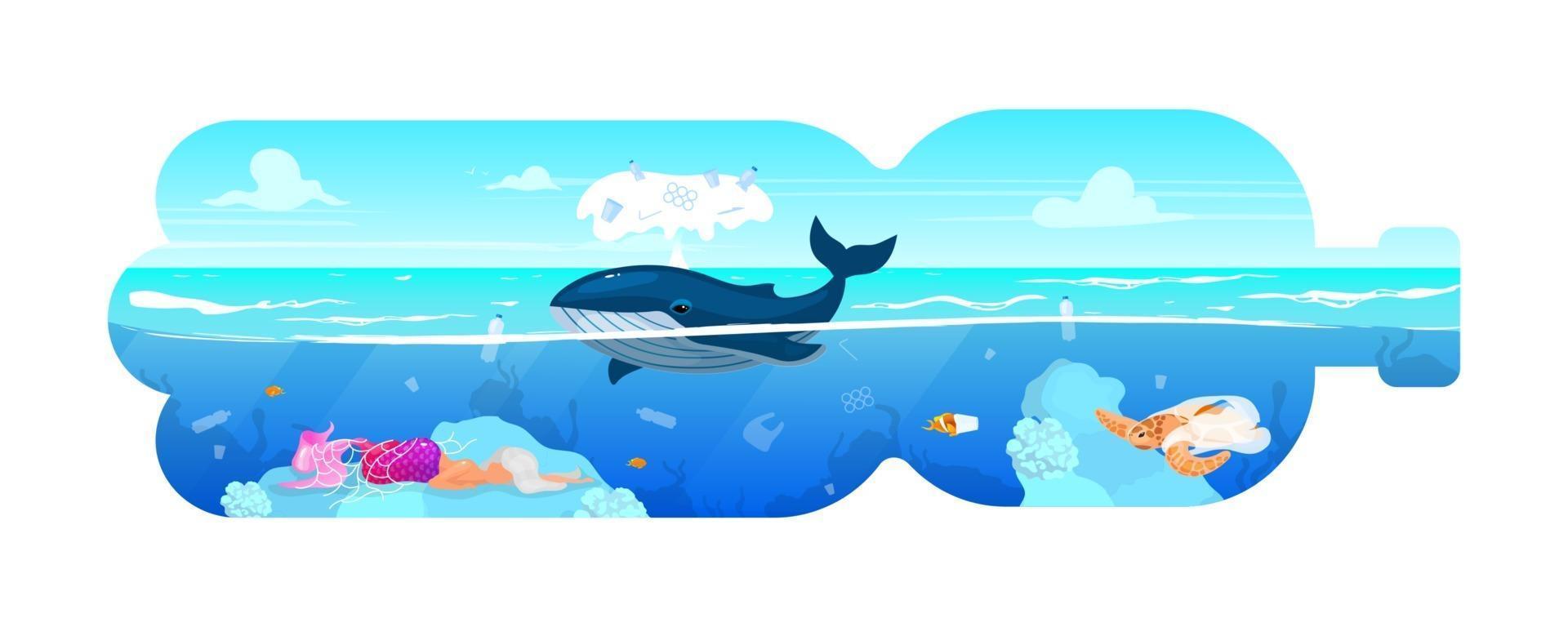 baleia e resíduos em ícone de conceito plano silhueta garrafa de plástico. Poluição ambiental. animal marinho e lixo na etiqueta da água do mar, clipart. ilustração isolada dos desenhos animados no fundo branco vetor