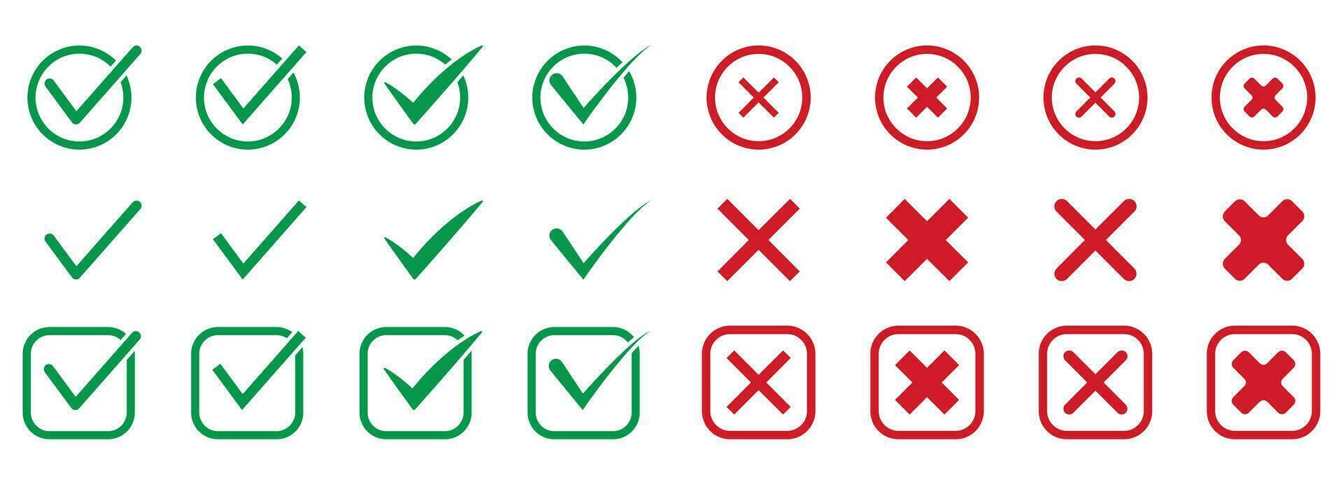 Verifica marca, Carraça e Cruz vermelho e verde silhueta ícone definir. marca de verificação pictograma. certo e errado, rejeitar e aceitar sólido placa. corrigir e incorreta símbolo coleção. isolado vetor ilustração.