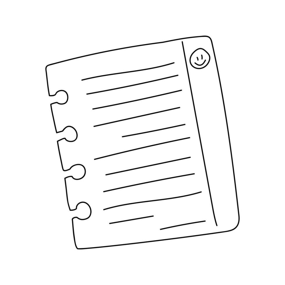 mão desenhado rasgado peça do papel com linhas e uma sorridente face. simples esboço caderno folha. Preto e branco rabisco vetor ilustração isolado em uma branco fundo.