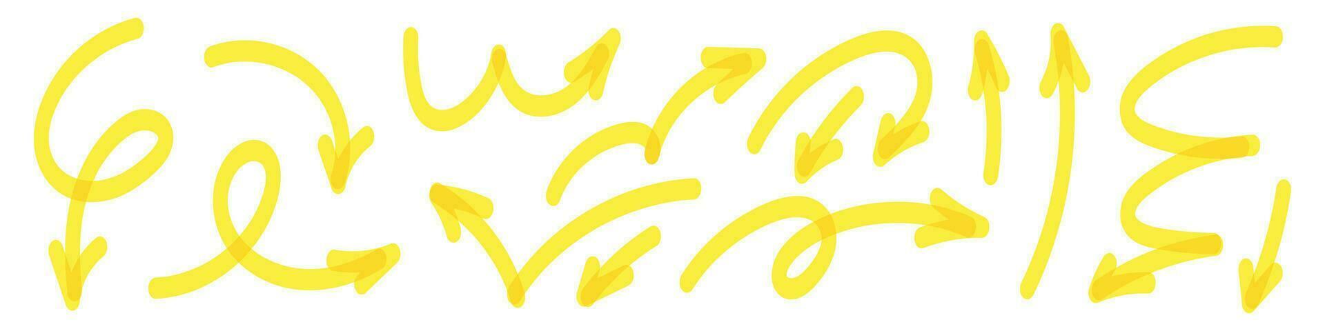 mão desenhado amarelo marcadores Setas; flechas rabisco definir. vários esboço elementos gostar caneta, lápis, e escova luzes marcas. plano vetor ilustração isolado em branco fundo.