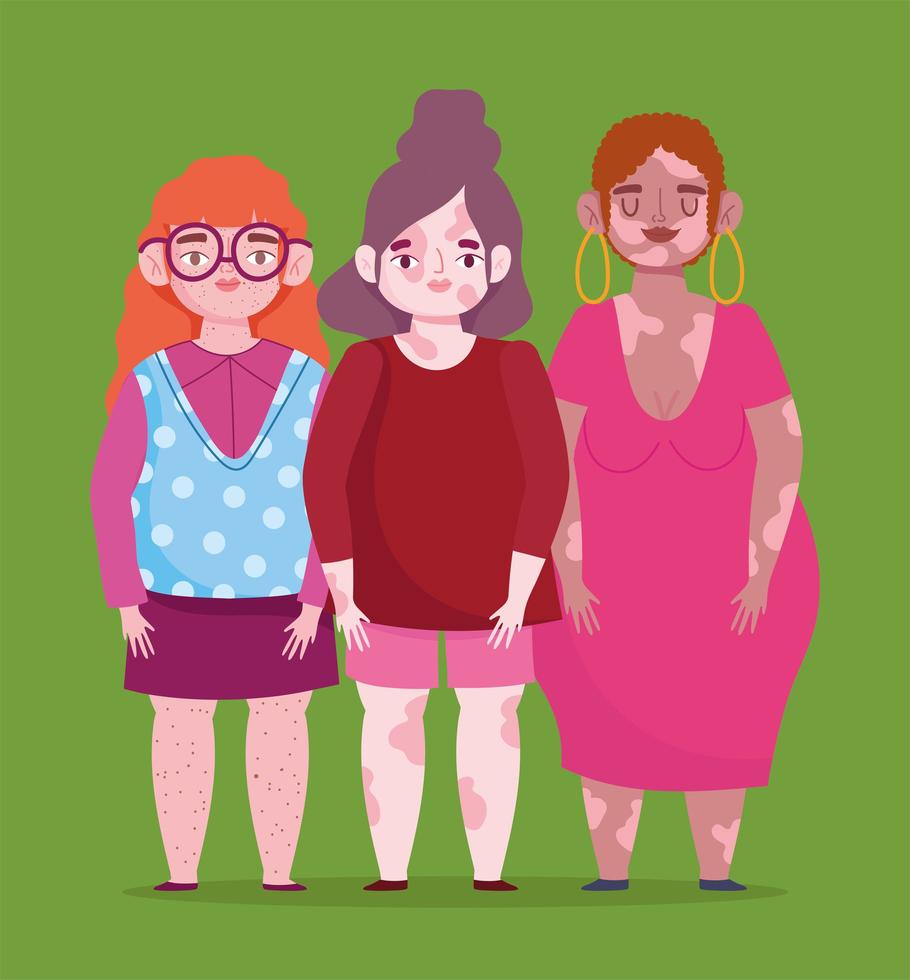 perfeitamente imperfeito, grupo feminino de desenho animado com vitiligo, sardas, pele problemática vetor