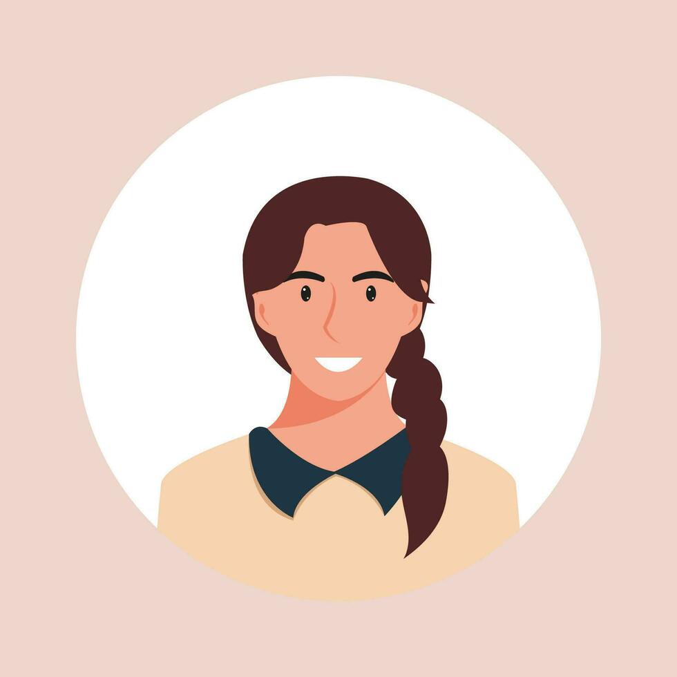 círculo a avatar com a retrato mulheres do vários raças e penteados. coleção do do utilizador perfis. volta ícone com feliz sorridente humano. colorida plano vetor ilustração.