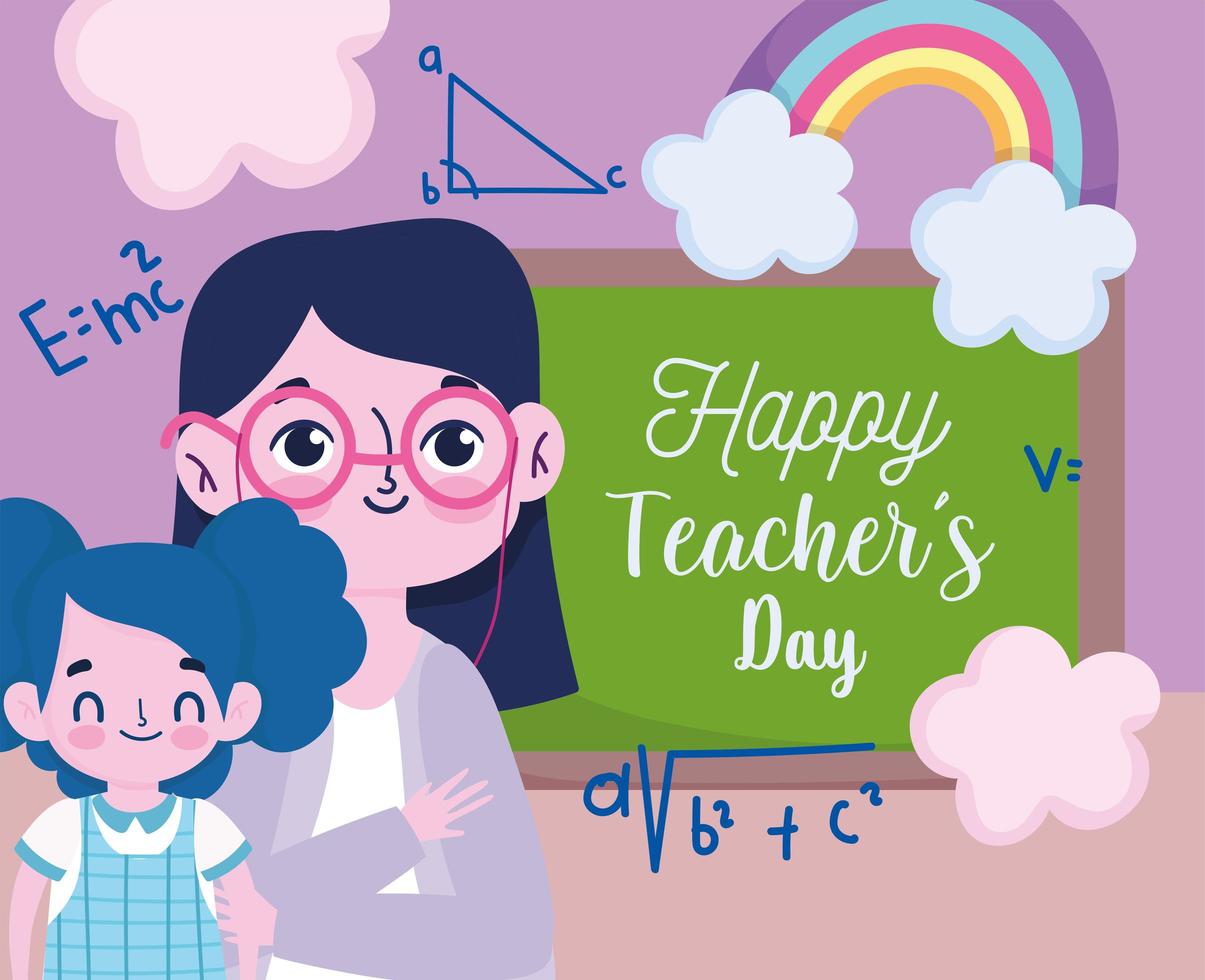 feliz dia dos professores, linda professora pupila com quadro-negro e arco-íris vetor