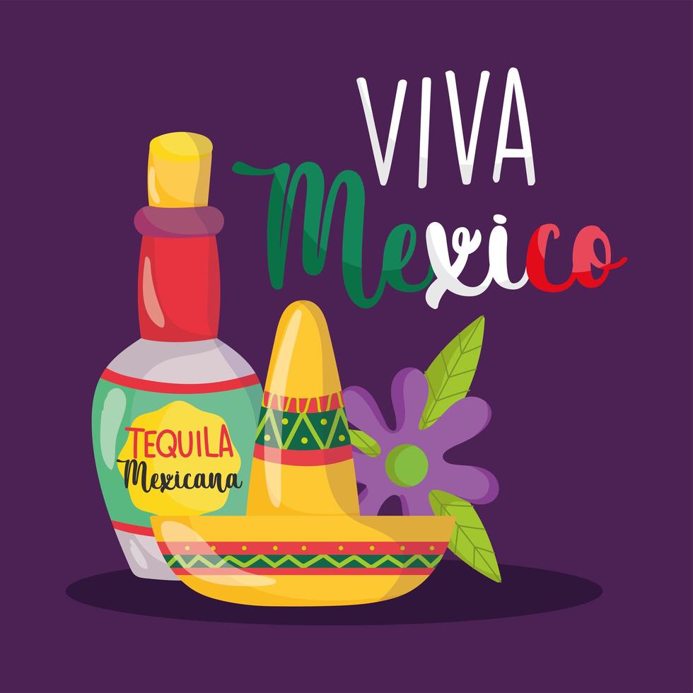 dia da independência mexicana, garrafa de tequila beber chapéu e flor, viva mexico é comemorado em setembro vetor