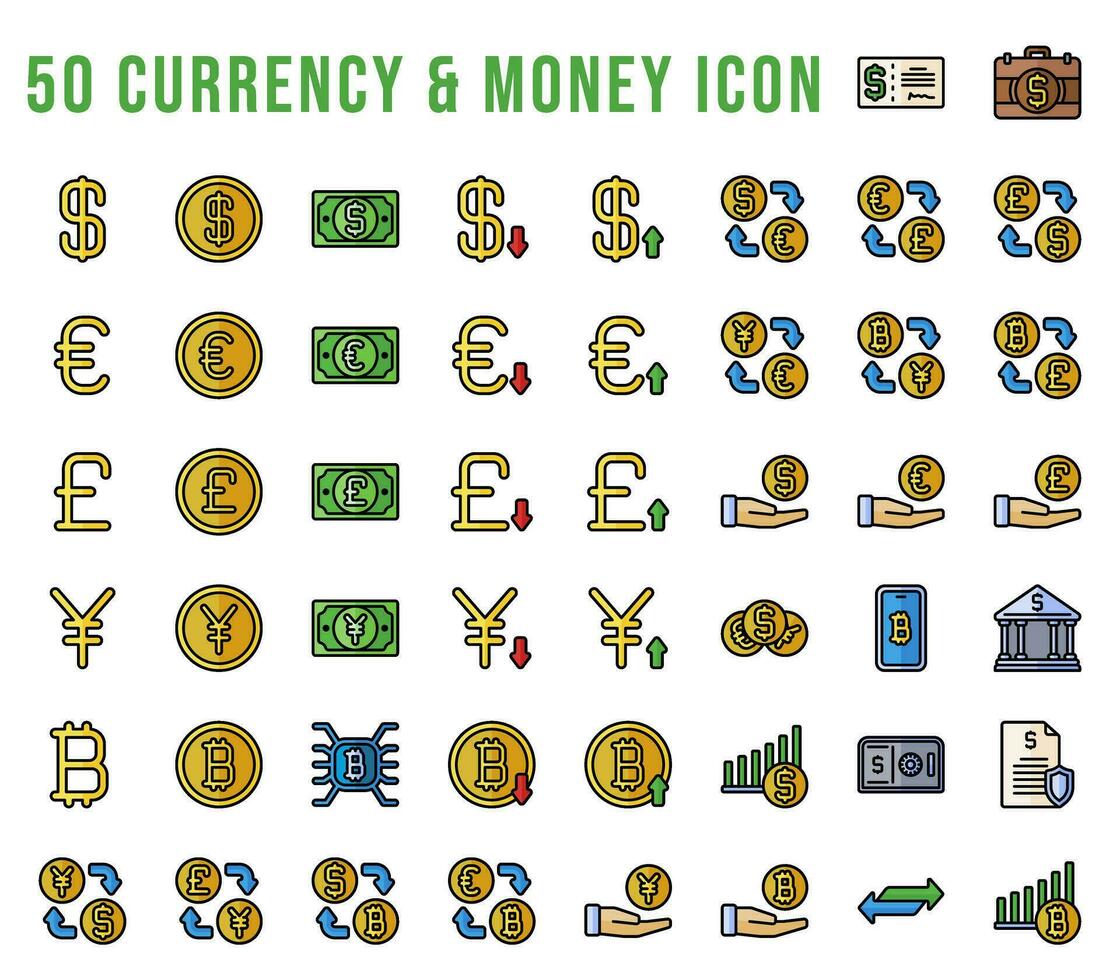 moeda e finança ícones definir, dentro pixel perfeito colori esboço estilo. para a necessidades do do utilizador bancário, finança, e economia. isto inclui dólar, banco, dinheiro, moeda, cripto, e Salve  ícones. vetor