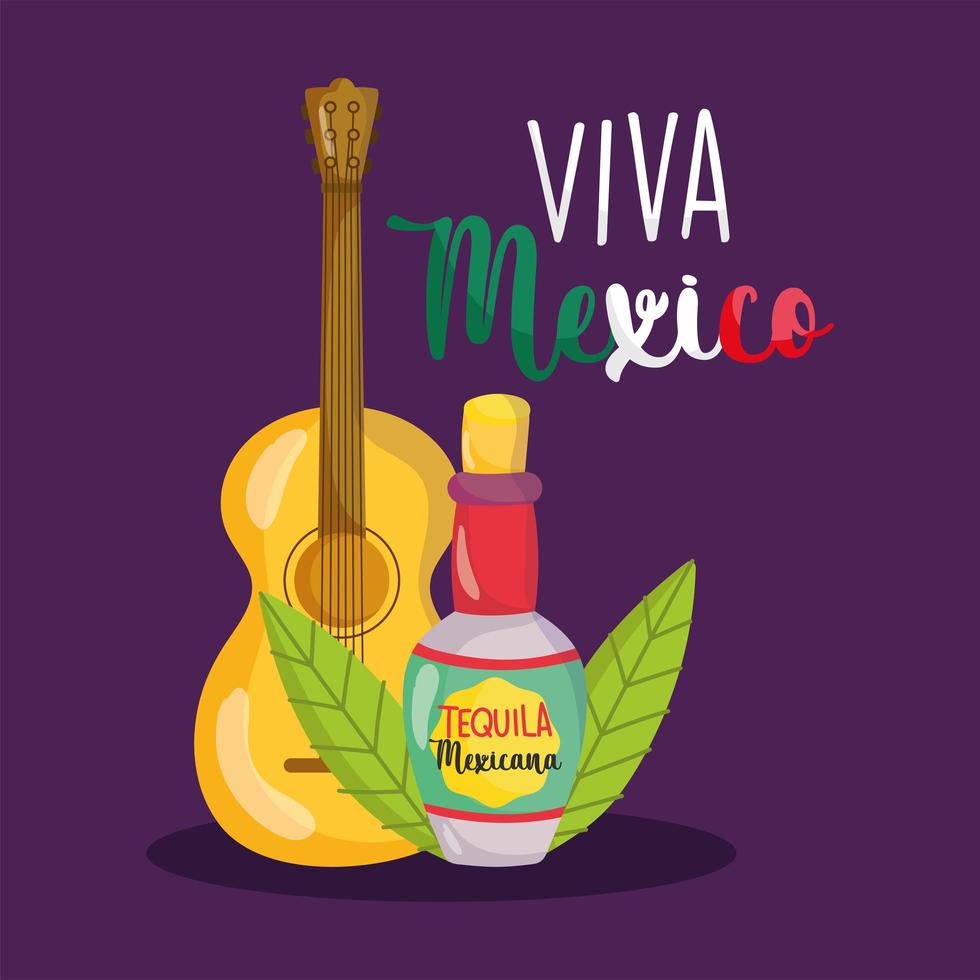 dia da independência mexicana, tequila garrafa de guitarra, viva México é comemorado em setembro vetor