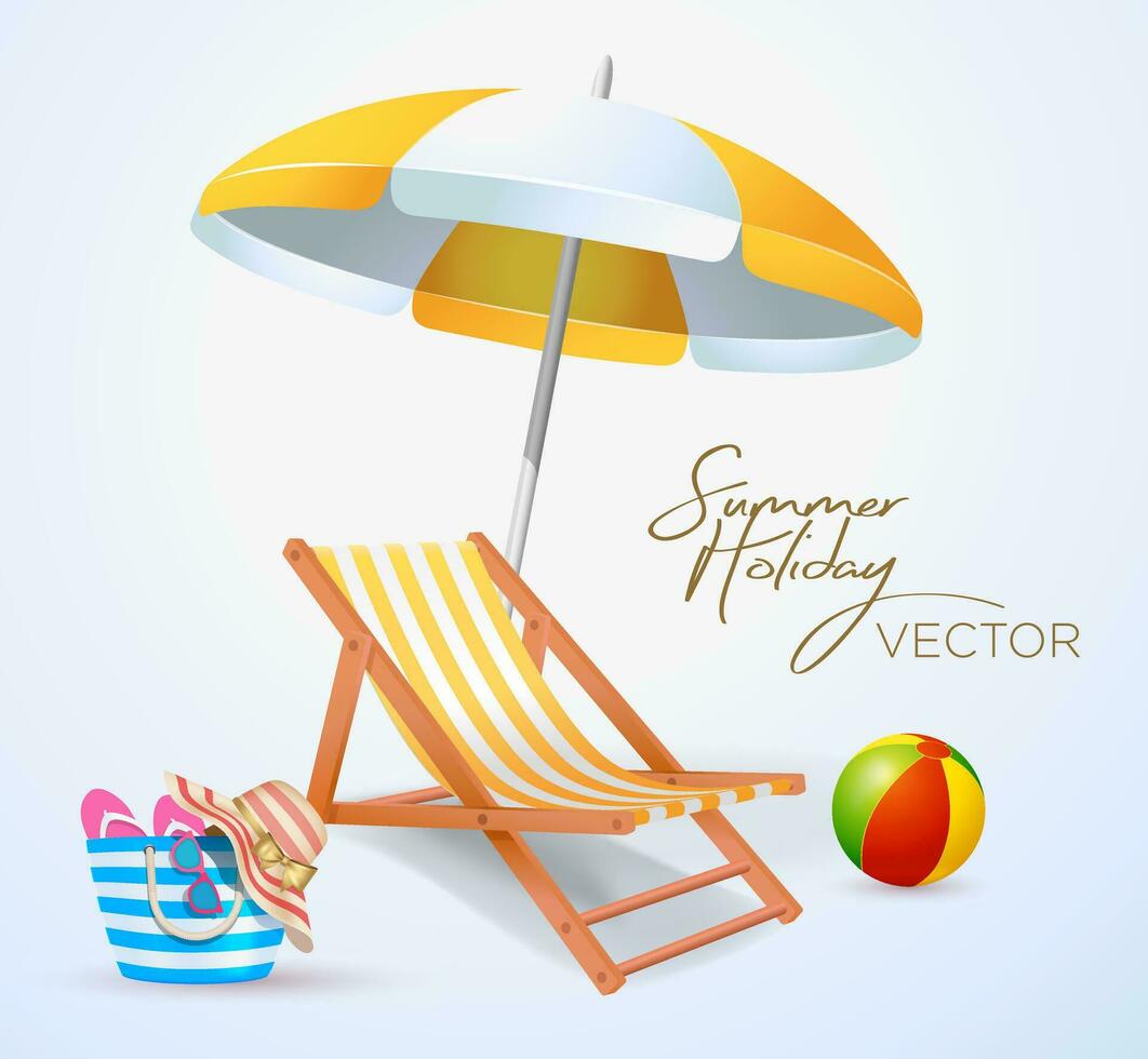 verão período de férias turismo tema Sol espreguiçadeira de praia bola saco chapéu óculos chinelos guarda-chuva ilustrador vetor