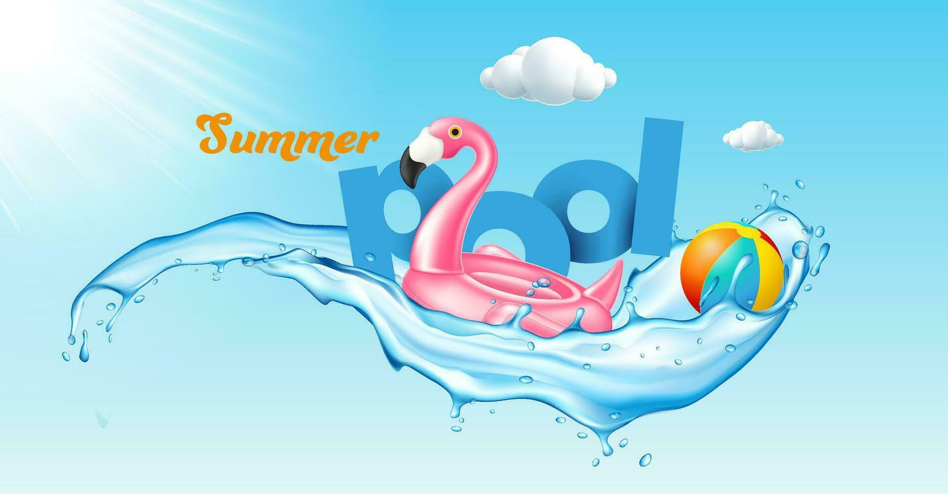 vetor realista 3d Rosa flamingo, piscina, de praia bola, tropical pássaro forma inflável verão férias, viagem, de praia mar ilustração