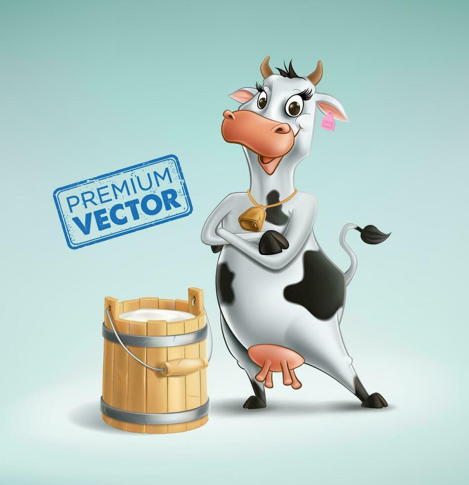 vaca Prêmio desenhando e brincos de madeira balde com leite isolado desenho animado 3d ilustração realista vetor