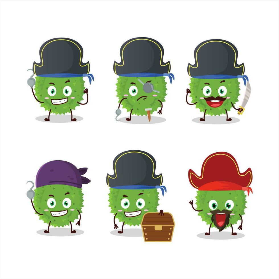 desenho animado personagem do durian com vários piratas emoticons vetor