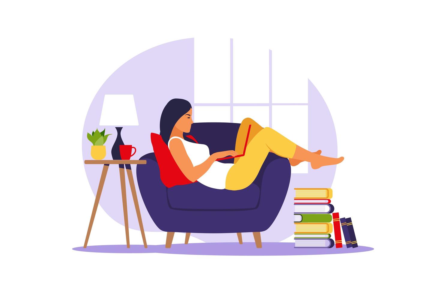 mulher encontra-se com o laptop na poltrona. ilustração do conceito para trabalhar, estudar, educação, trabalhar em casa. apartamento. ilustração vetorial. vetor