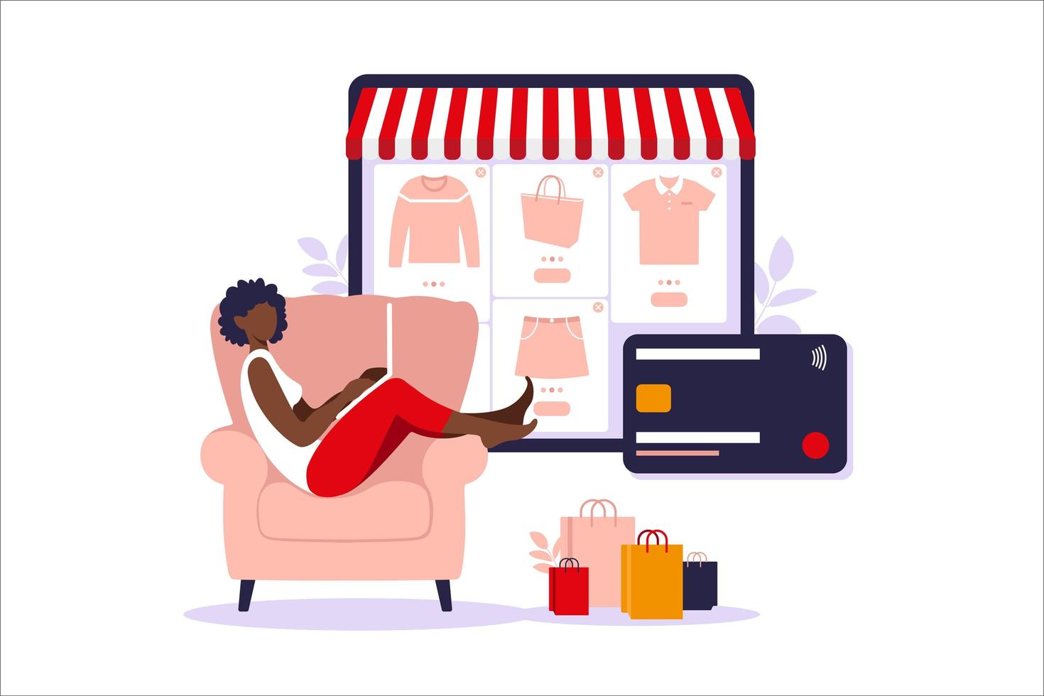 mulher afro-americana, compras online no laptop. ilustração vetorial. pagamento da loja online. cartão de crédito do banco. tecnologia digital de pagamento. e-pagamento. ilustração em vetor moderno estilo simples.