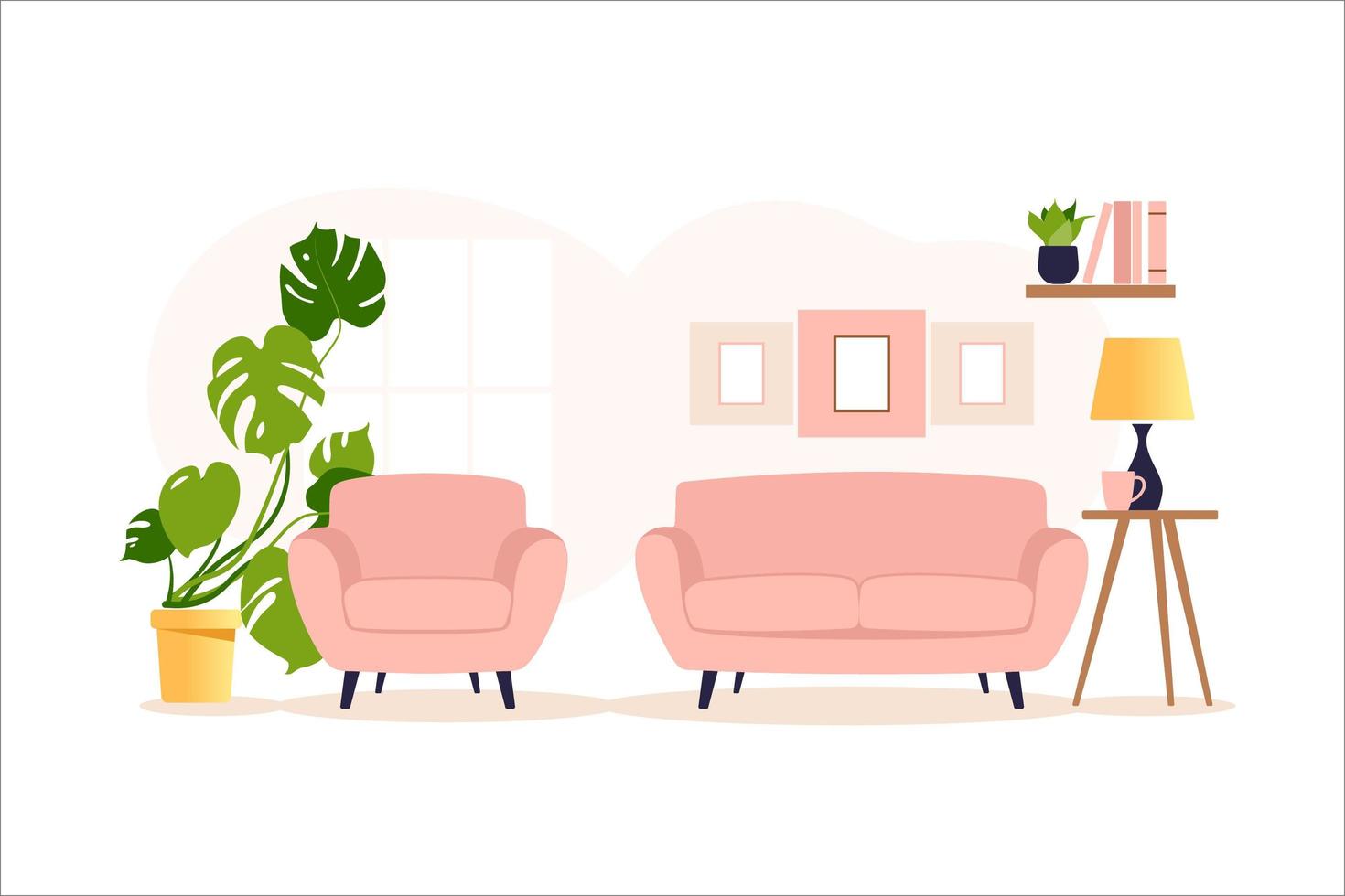 interior aconchegante de uma sala de estar moderna com poltrona, plantas de interior, janela e lâmpada. ilustração vetorial. vetor