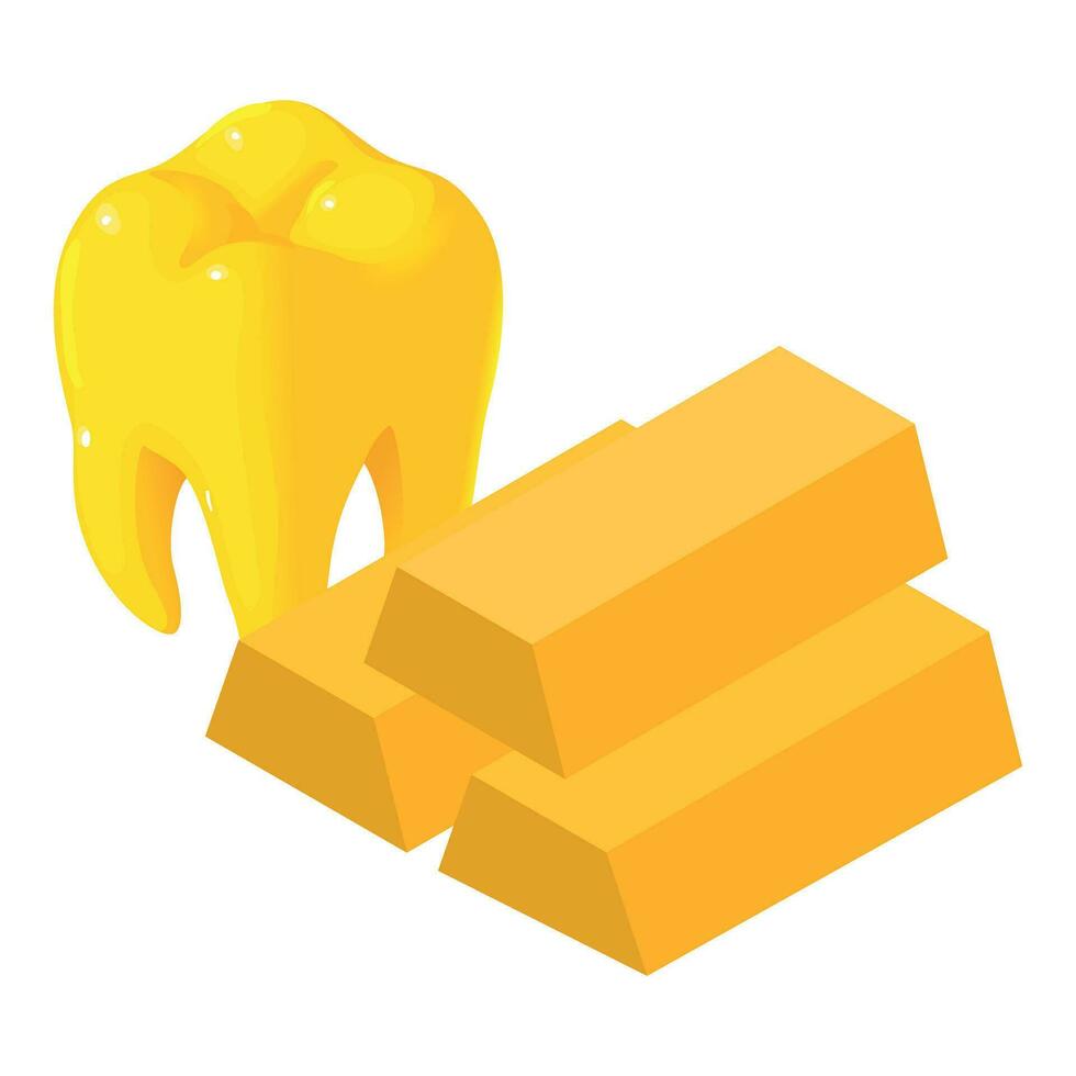 dental remédio ícone isométrico vetor. amarelo humano dente modelo e dourado Barra vetor