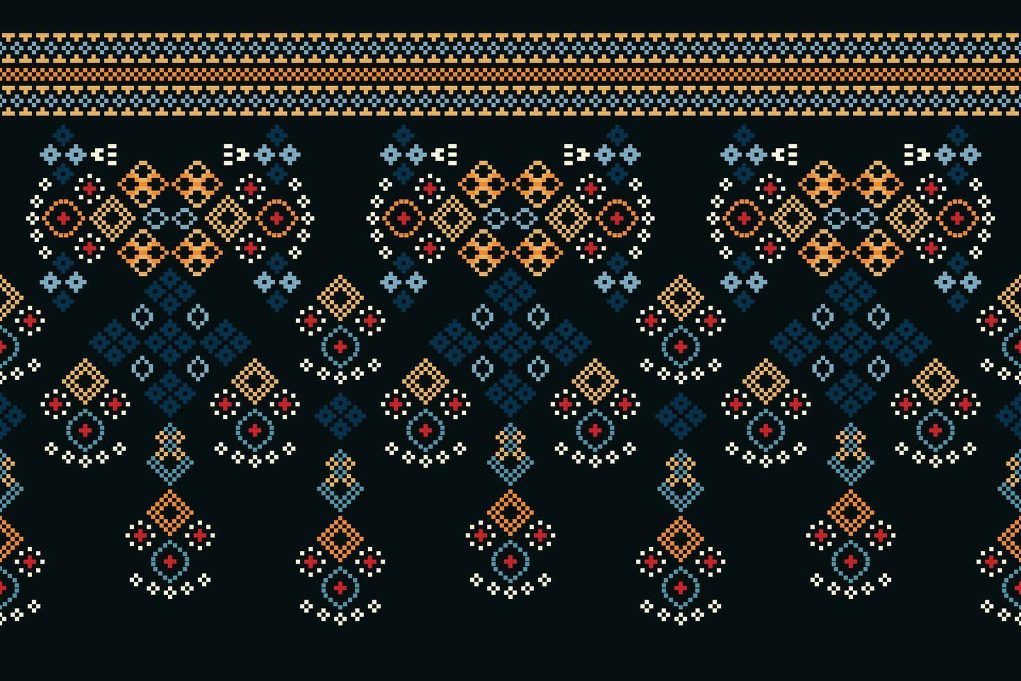 étnico geométrico tecido padronizar Cruz ponto.ikat bordado étnico oriental pixel padronizar Preto fundo. resumo,vetor,ilustração. textura,vestuário,quadro,decoração,motivos,seda papel de parede. vetor