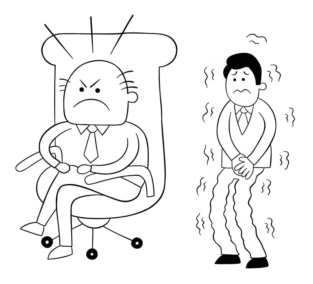 desenho animado chefe zangado sentado em sua cadeira e trabalhador assustado esperando atrás dele ilustração vetorial vetor