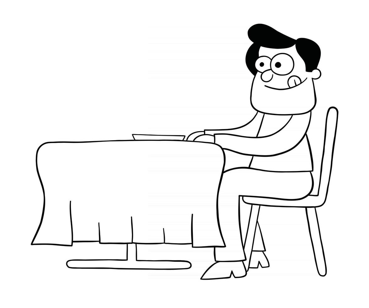 desenho animado homem com fome no restaurante e esperando o jantar ilustração vetorial vetor
